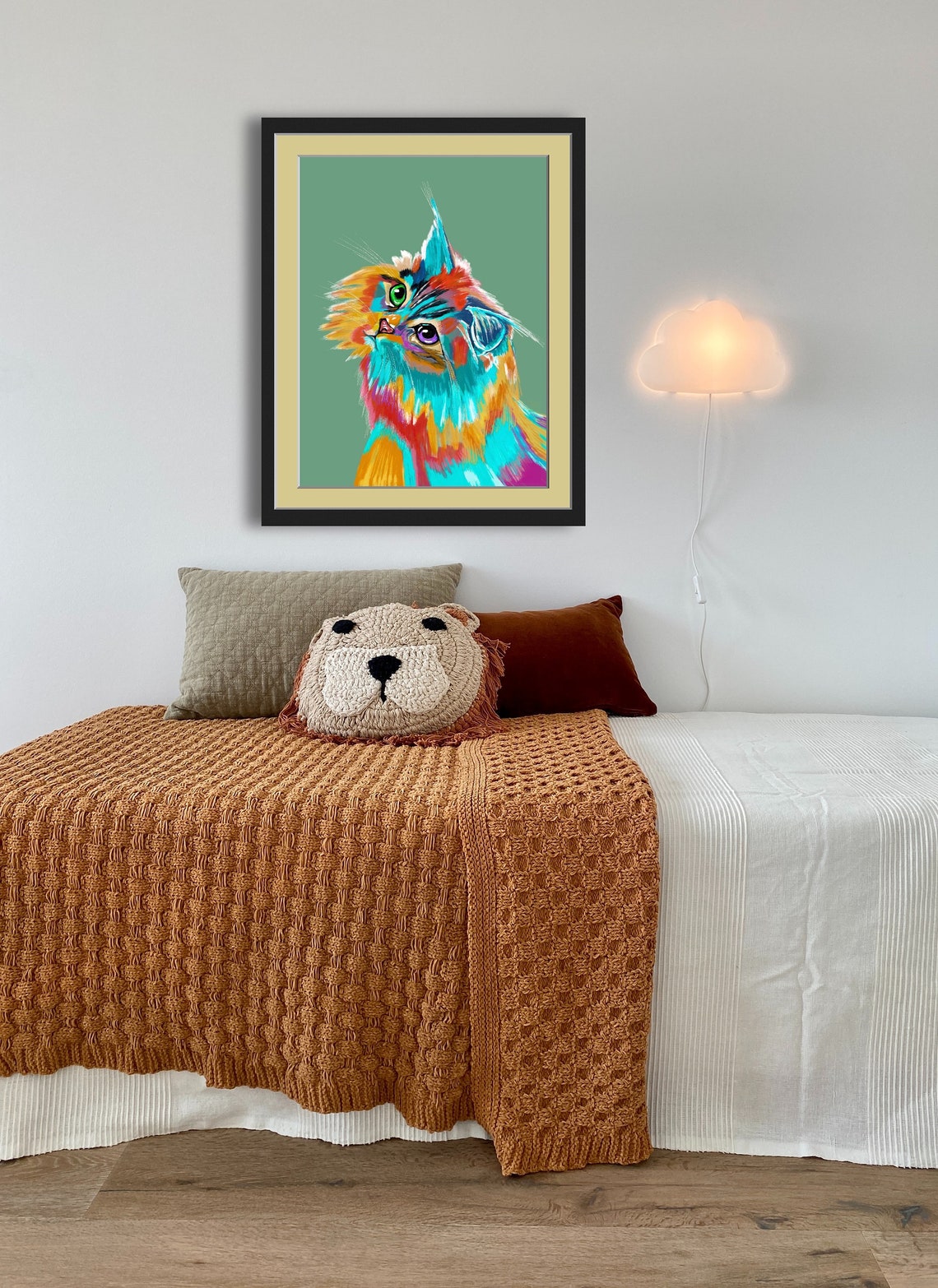Colorful Vibrant Cat Portrait Green Background Nursery Art Poster - Image 3