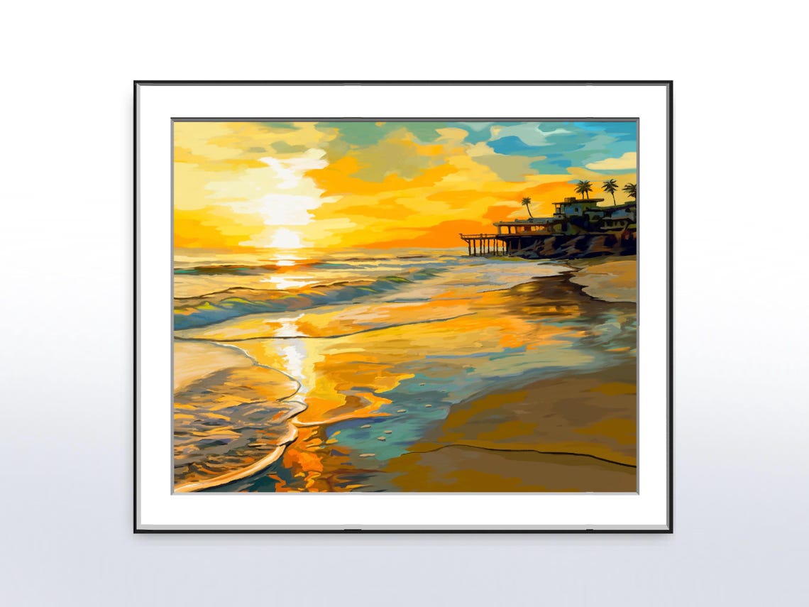 Golden Sunset Beach Pier Palms Ocean Reflections Seascape Poster