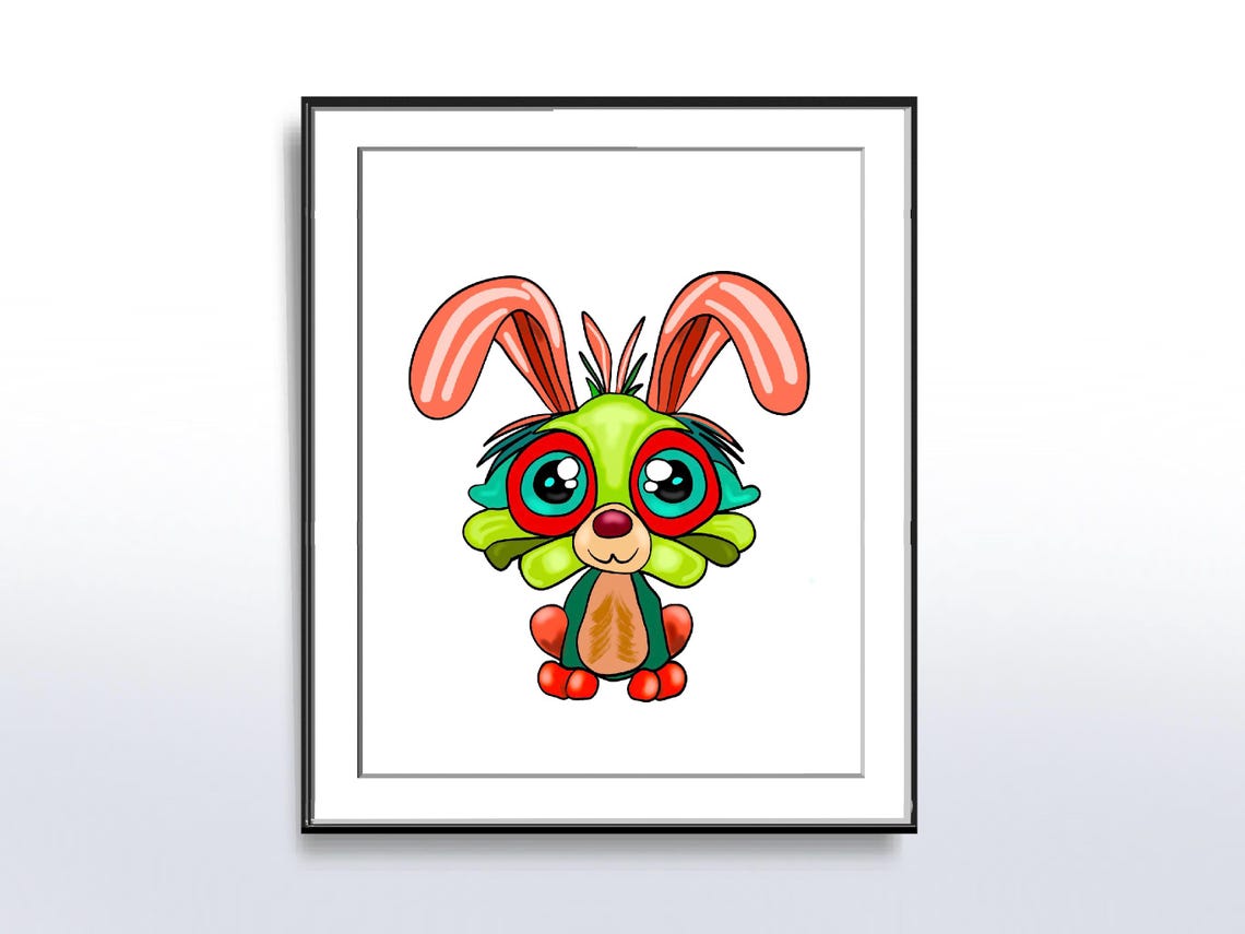 Cute Cartoon Bunny Rabbit with Big Eyes Nursery Illustration Poster - Image 5