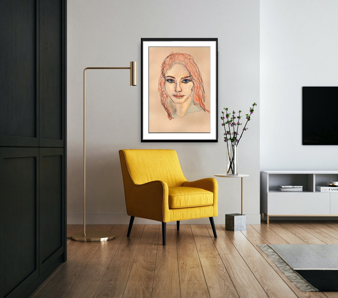 Delicate Line Art Woman Portrait Peach Tones Blue Eyes Poster - Image 5