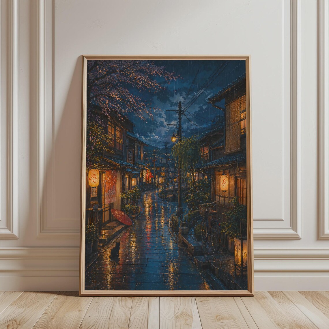 Japanese Wall Art Kyoto At Night Print Moody Lantern Alley Artwork Japan City Street Modern Ukiyoe Poster For Japandi Home Decor