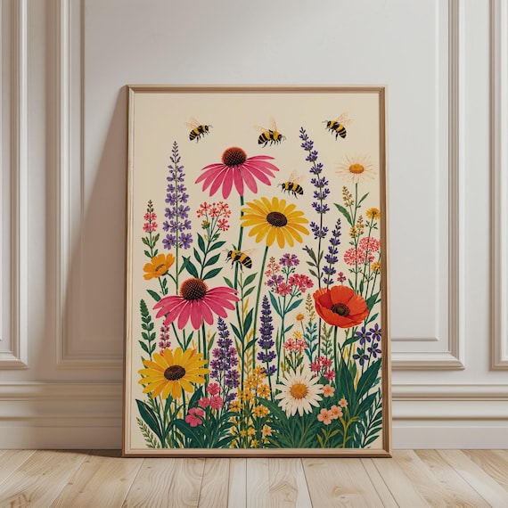 Botanical Flowers And Bees Poster, Modern Home Decor