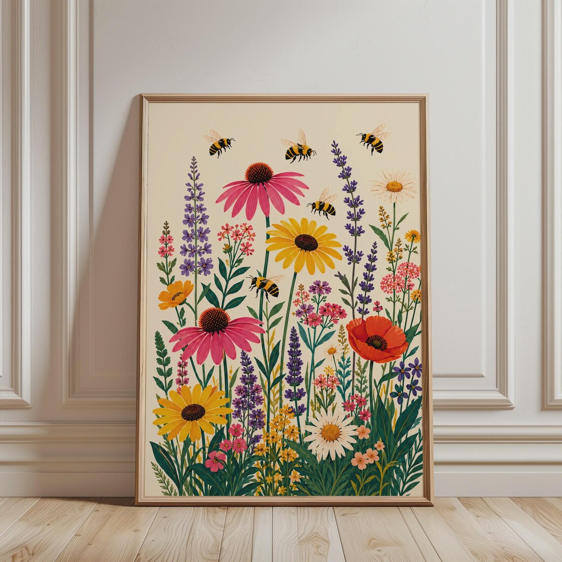 Botanical Flowers And Bees Poster, Modern Home Decor