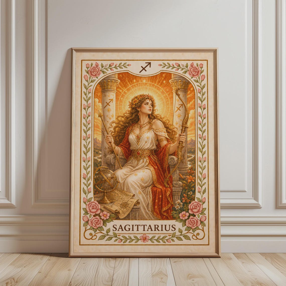 Sagittarius Zodiac Goddess Bow Arrow Boho Floral Astrology Poster