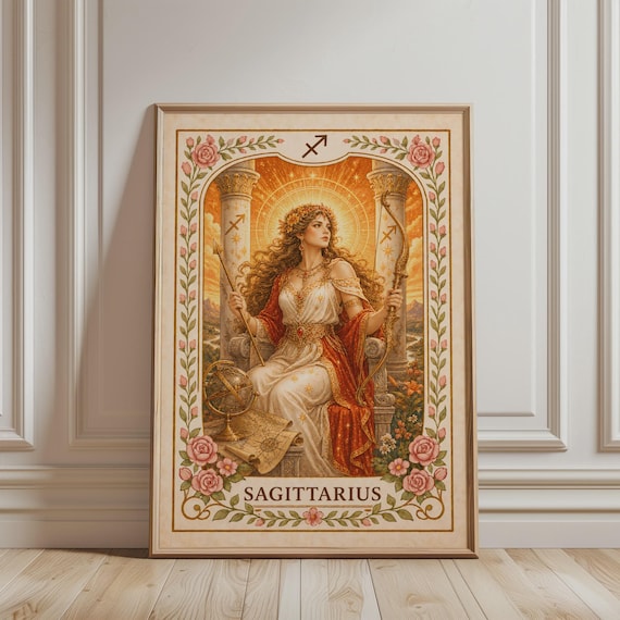 Spiritual Wall Art Sagittarius Zodiac Boho Floral Astrology Print Mystic Botanical Vintage Poster For Celestial Home Decor