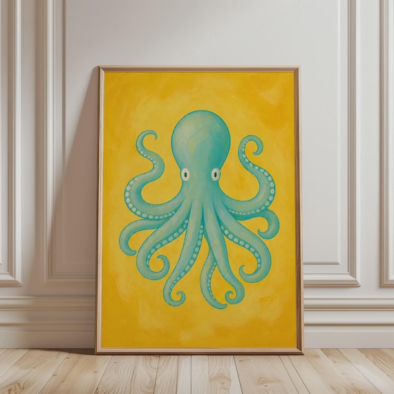 Turquoise Octopus Yellow Background Cute Sea Creature Nursery Wall Art