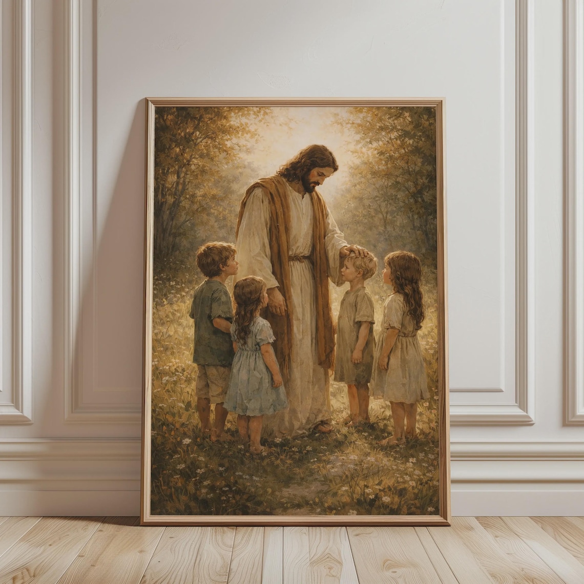 Jesus With Children Sunlit Meadow Blessing Vintage Christian Art Poster