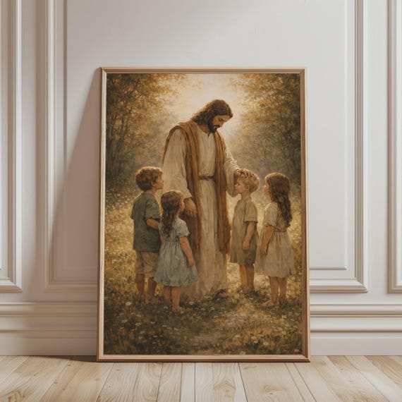 Jesus With Children Poster Christian Wall Art Religious Nursery Decor Biblical Meadow Painting Faith Gift