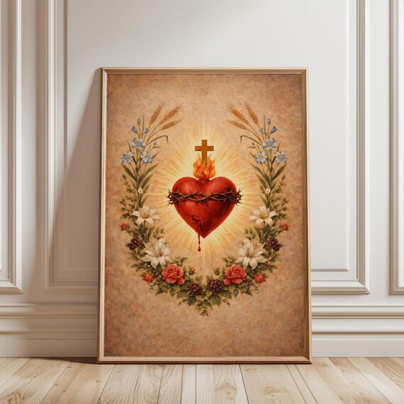 Sacred Heart Of Jesus Crown Of Thorns Vintage Catholic Wall Art