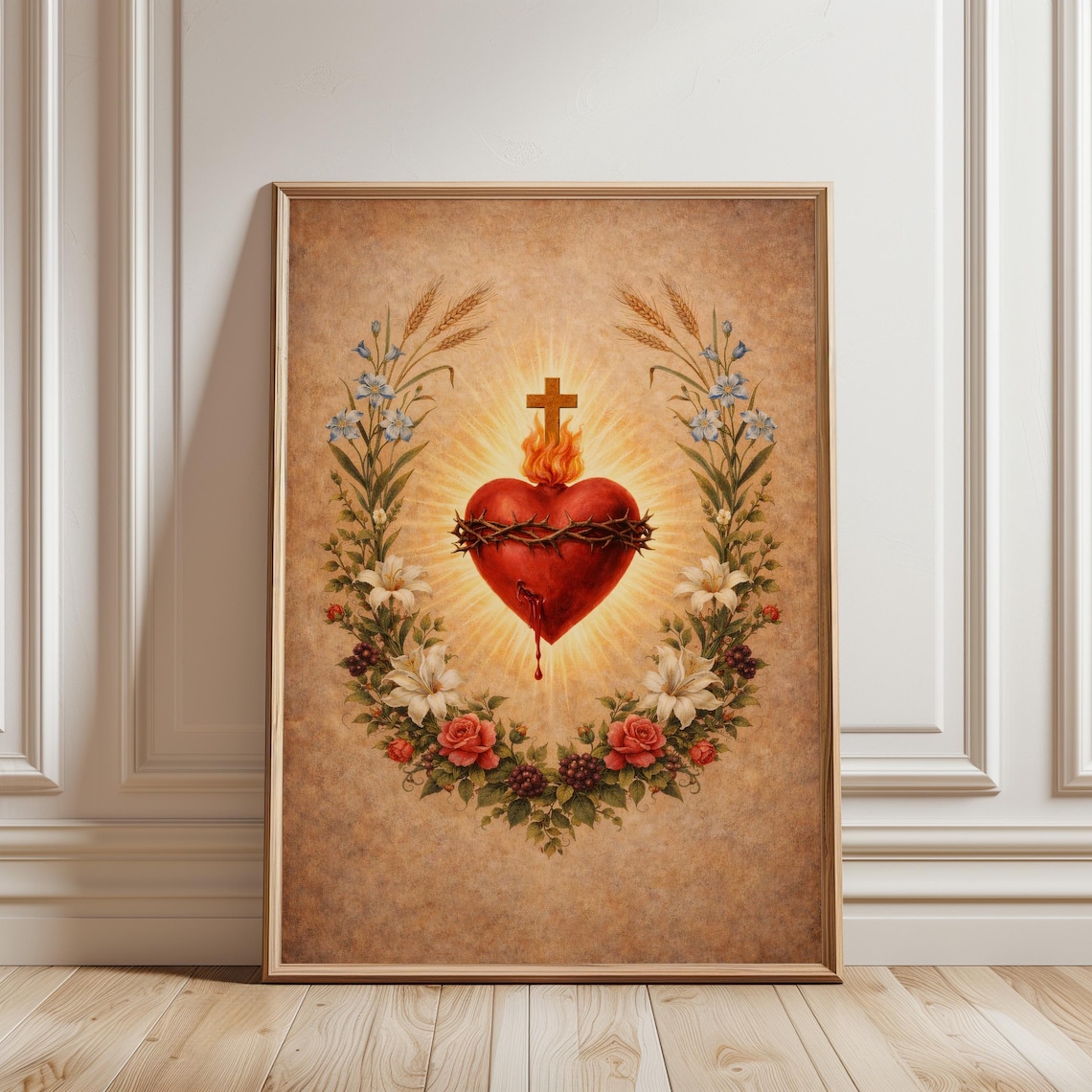 Sacred Heart Of Jesus Crown Of Thorns Vintage Catholic Wall Art