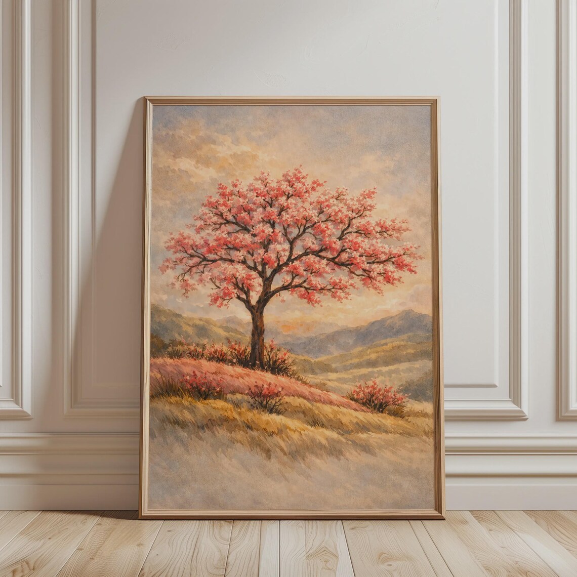 Pink Cherry Blossom Tree Rolling Hills Soft Watercolor Nature Wall Art