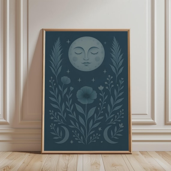 Boho Moon Floral Art Print, Celestial Botanical