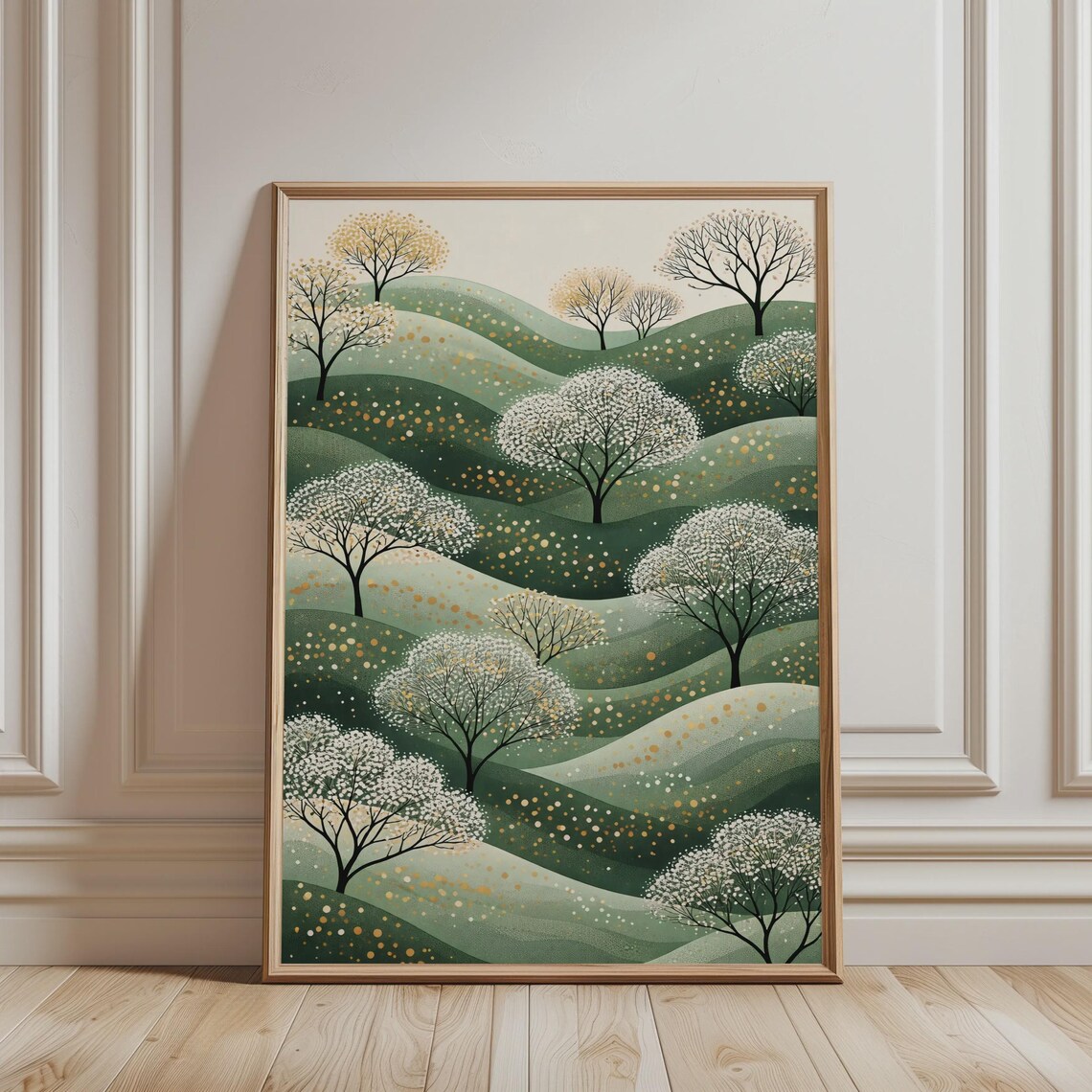 Sage Green Rolling Hills White Blossom Trees Minimalist Nature Poster