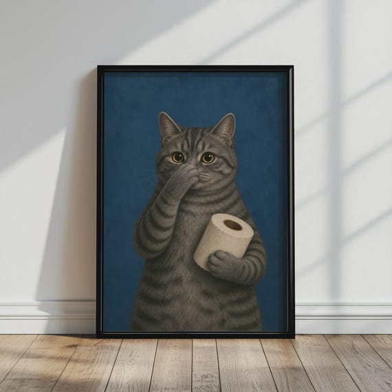 Grey Tabby Cat Bathroom Poster Funny Toilet Paper Wall Art Quirky Animal Print Blue Powder Room Decor Lover Gift
