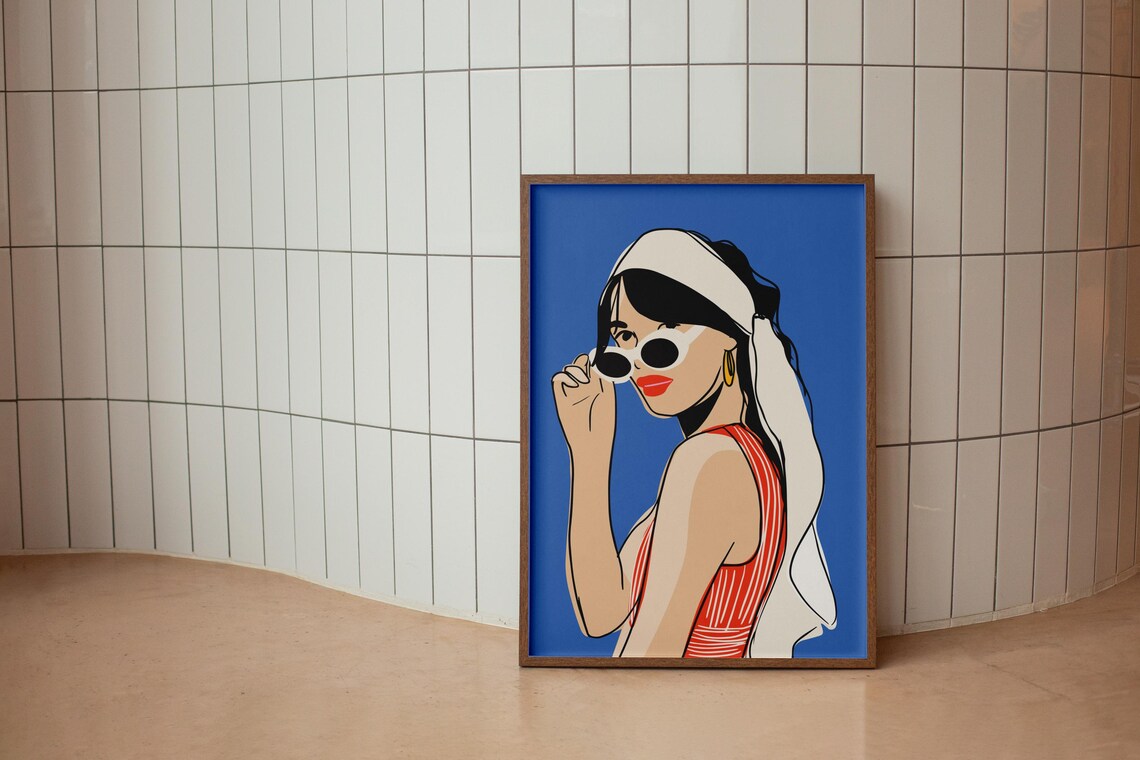 Retro Pop Art Woman Sunglasses Headscarf Blue Background Poster