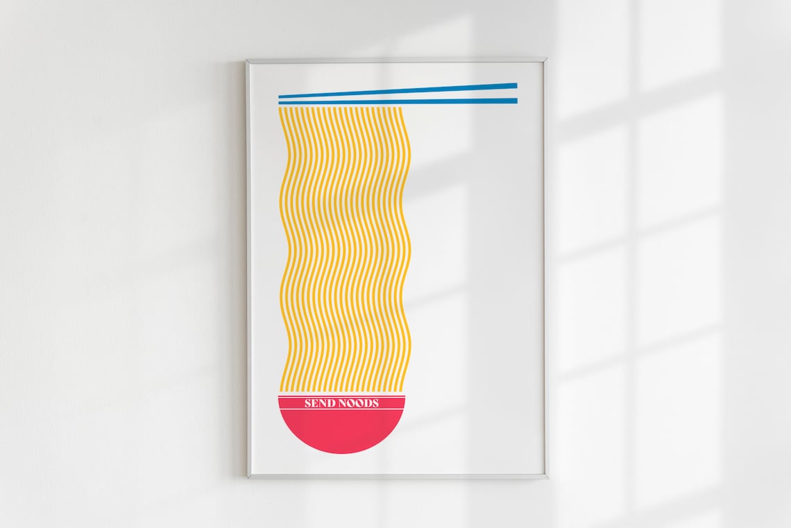 Send Noods Retro Chopsticks Noodles Red Bowl Funny Minimalist Kitchen Poster