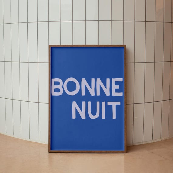 Good Night Print For Nursery Boy Blue Kids Bedroom French Word Poster Bonne Nuit Typography Handwritten Room Decor