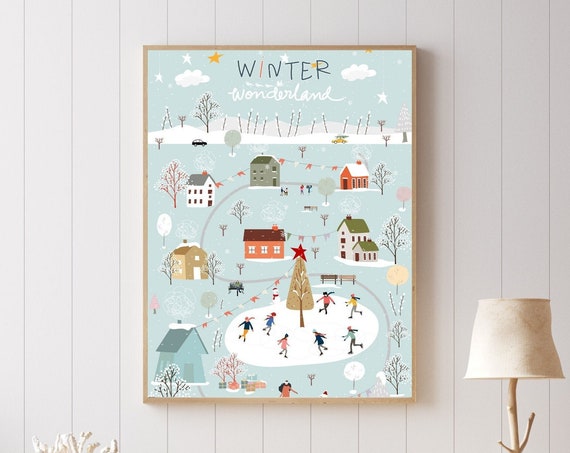Bustling Snowy Village Christmas Art Print
