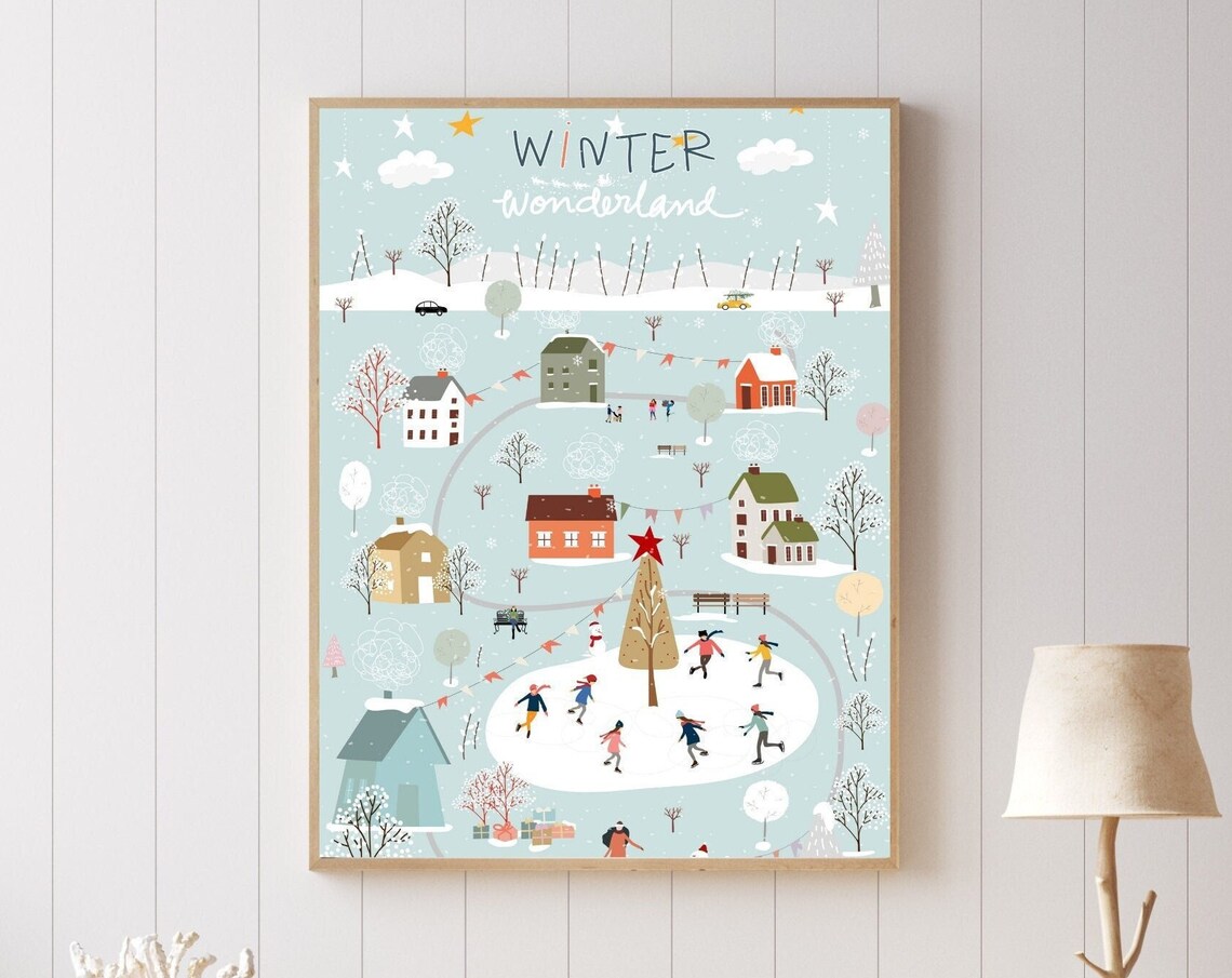 Bustling Snowy Village Christmas Art Print
