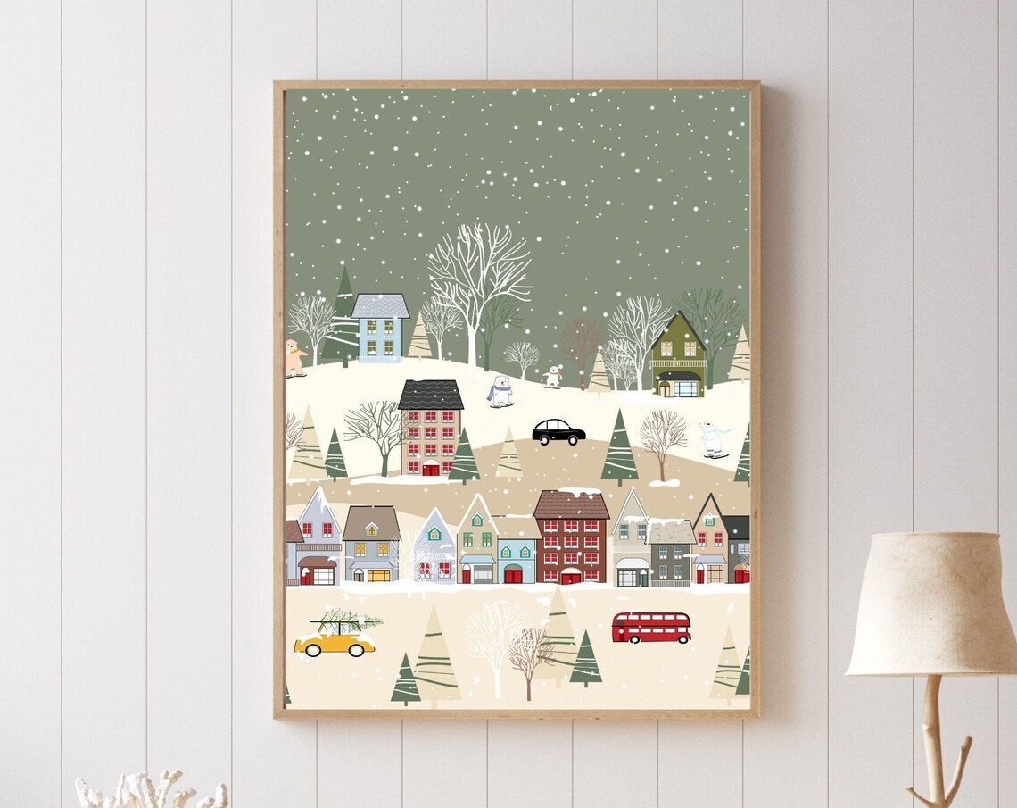 Bustling Winter Village Christmas Scene Art Print