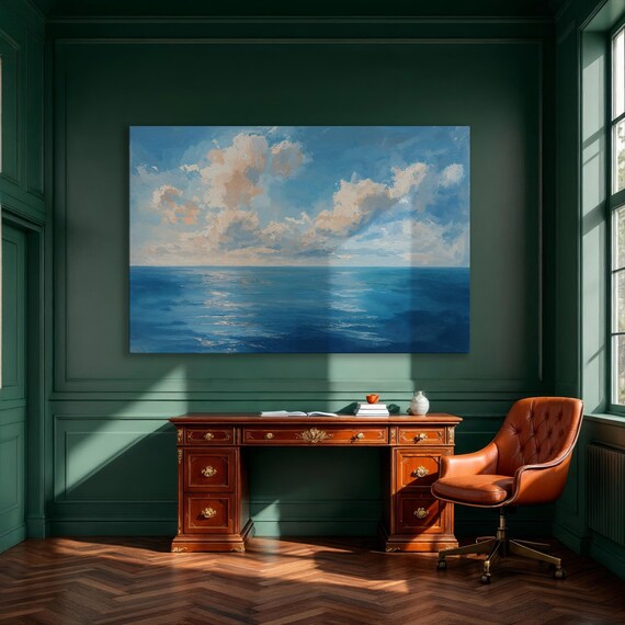 Calm Blue Ocean Under Bright Cloudy Sky Seascape Painting Poster