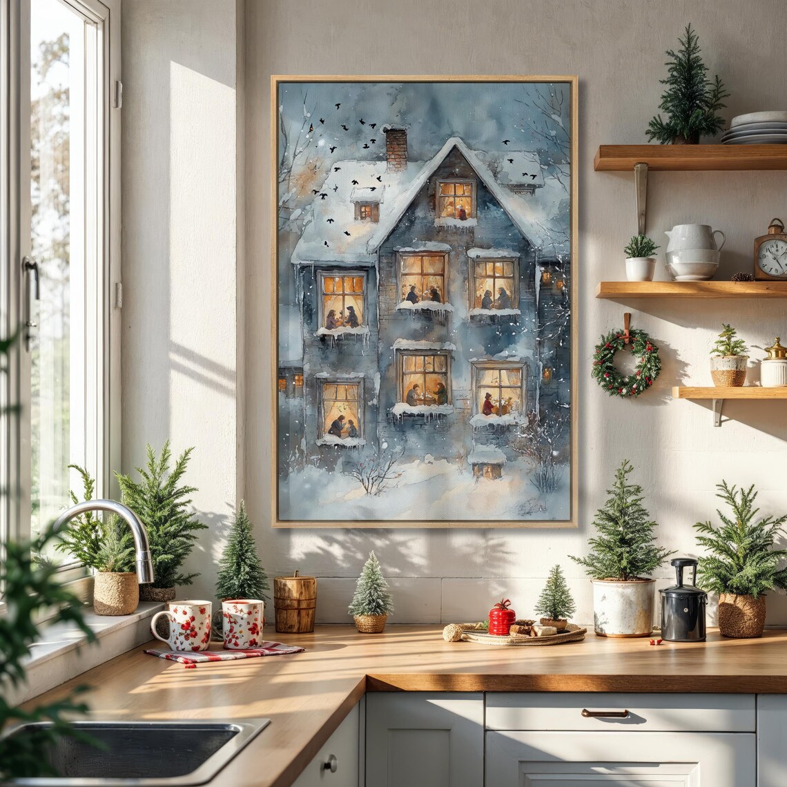 Cozy Snowy House With Lit Windows Watercolor Christmas Poster