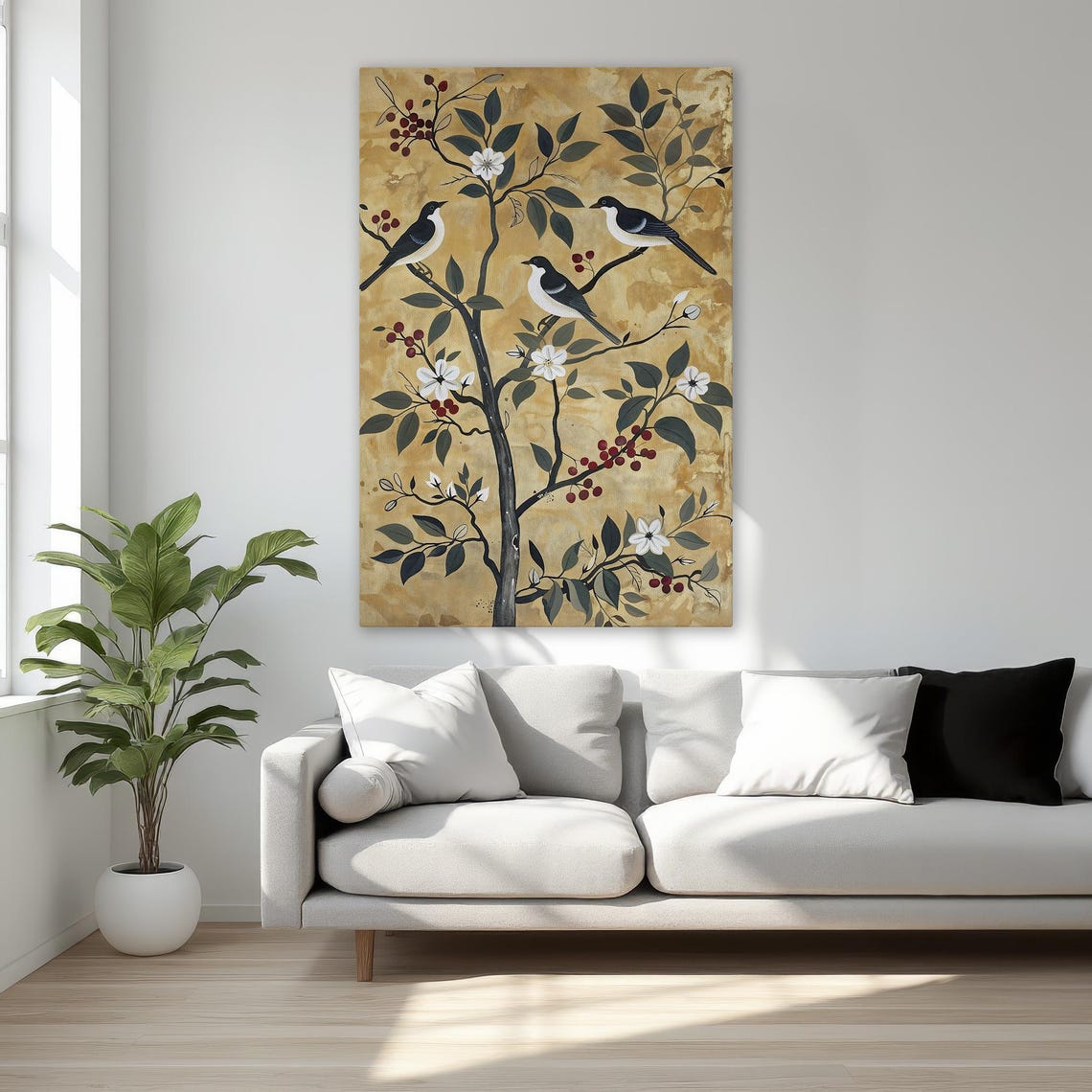 Three Birds on Flowering Branch Gold Leaf Botanical Art Poster