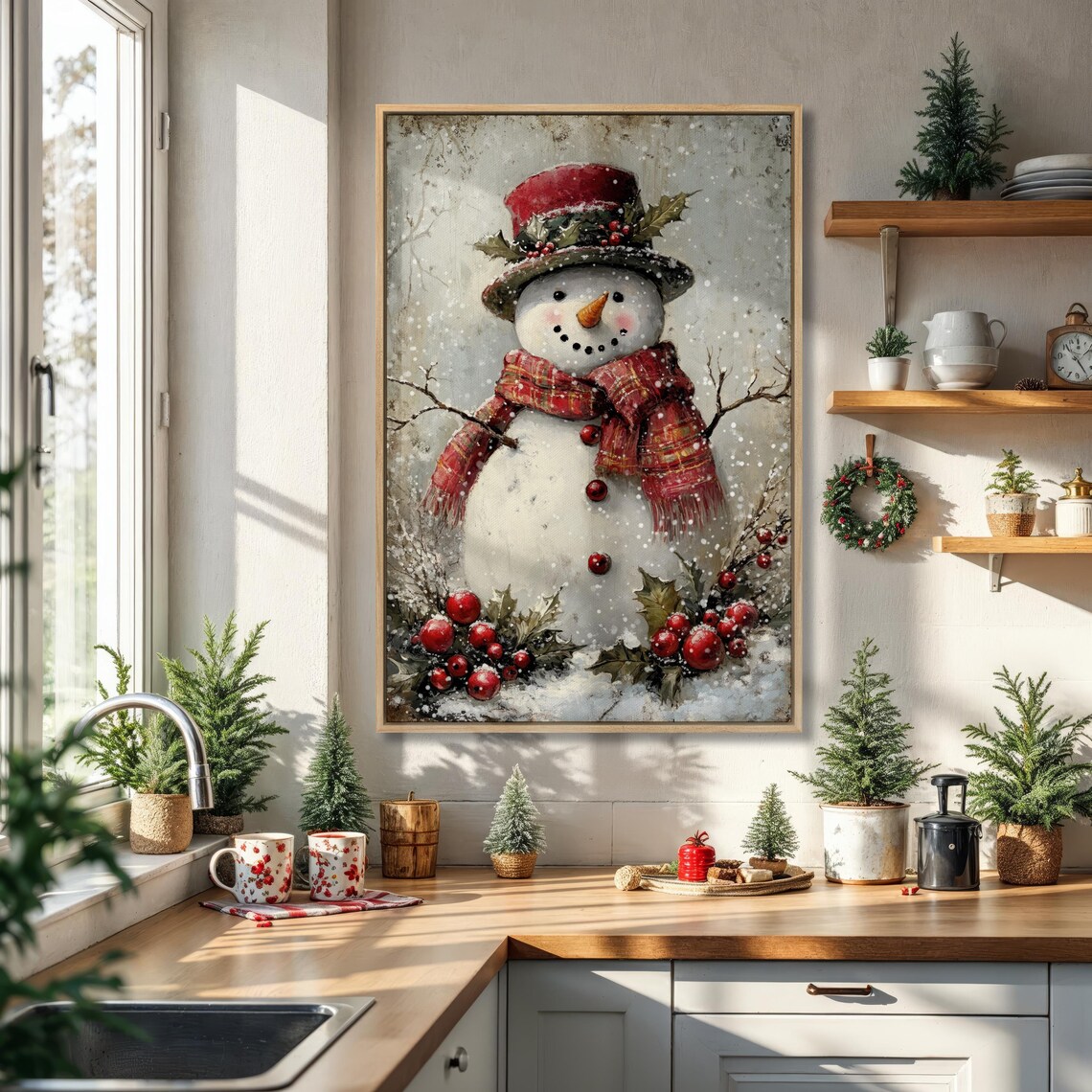 Vintage Snowman in Red Top Hat and Plaid Scarf Cozy Christmas Painting Poster