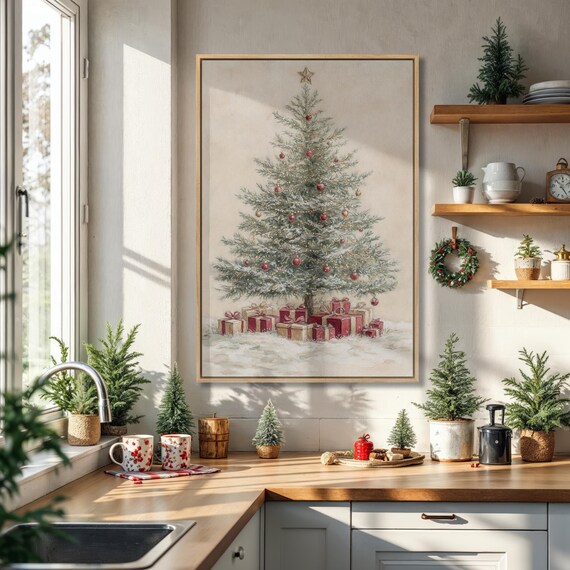 Classic Vintage Christmas Tree With Gifts Festive Holiday Wall Art