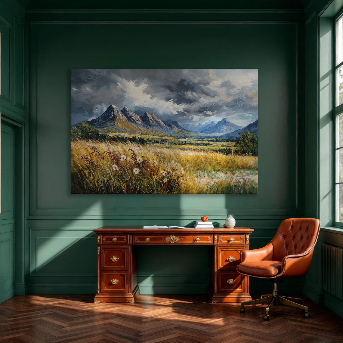 Wildflower Meadow Below Dramatic Stormy Mountain Peaks Poster