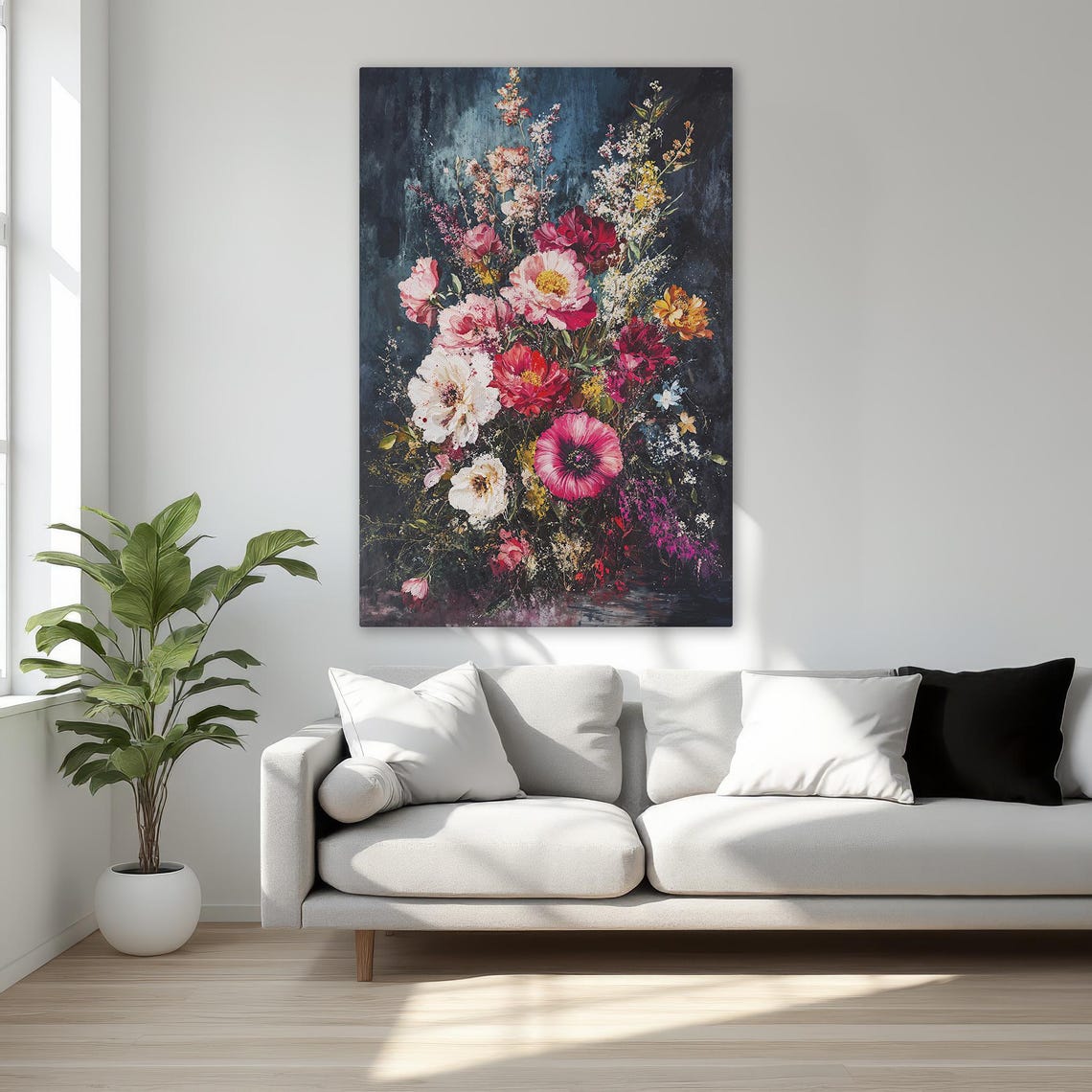 Romantic Floral Bouquet Dark Moody Background Canvas Wall Art