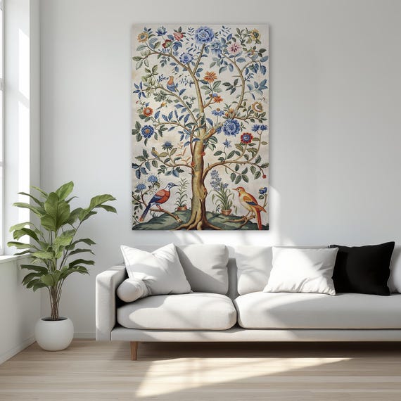 Vintage Botanical Floral Tree With Birds Art Print