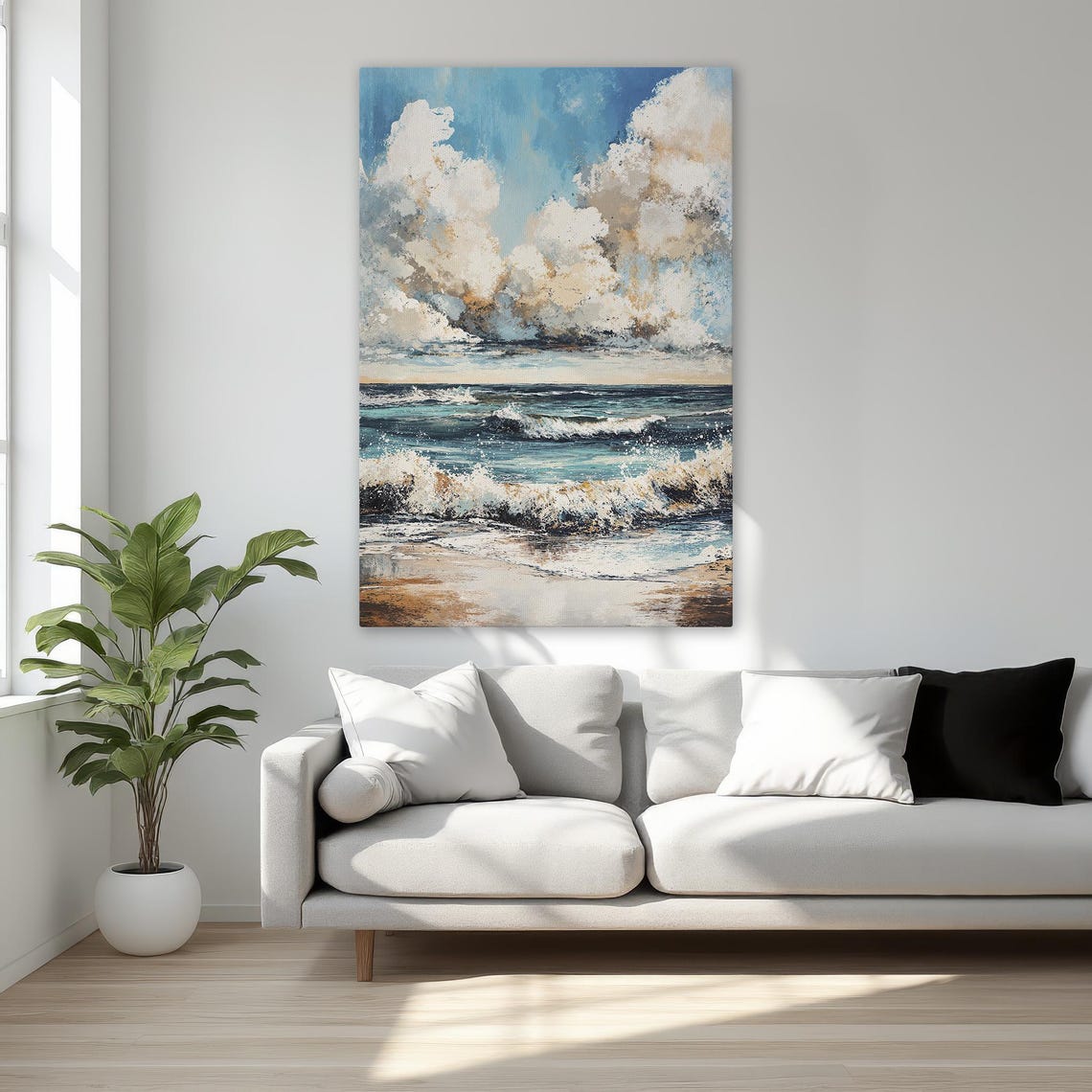 Ocean Waves Crashing On Sandy Beach Cloudy Sky Coastal Poster