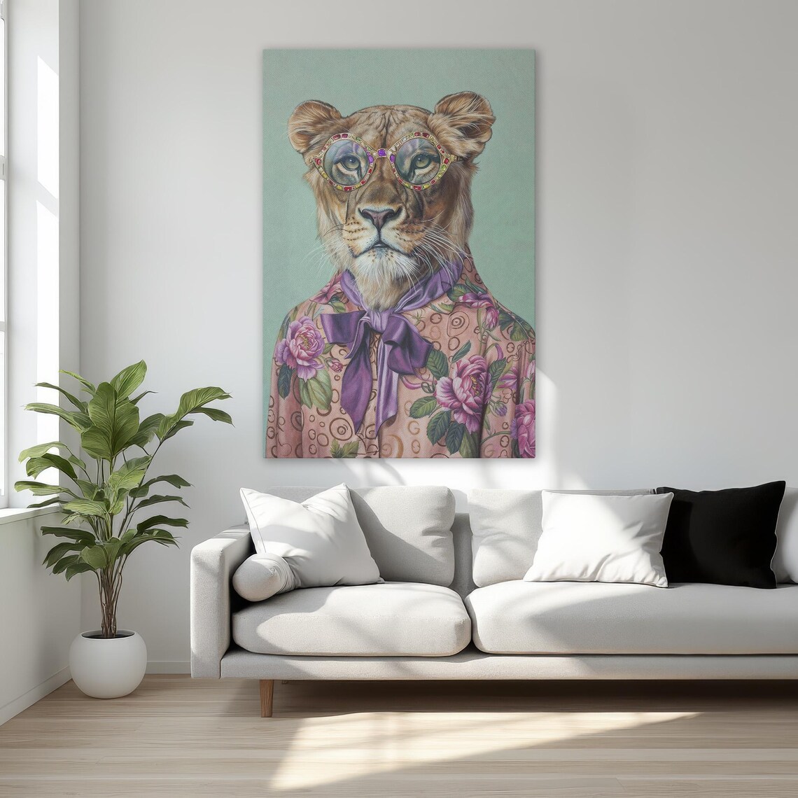 Lioness in Jeweled Glasses and Purple Bow Stylish Animal Poster