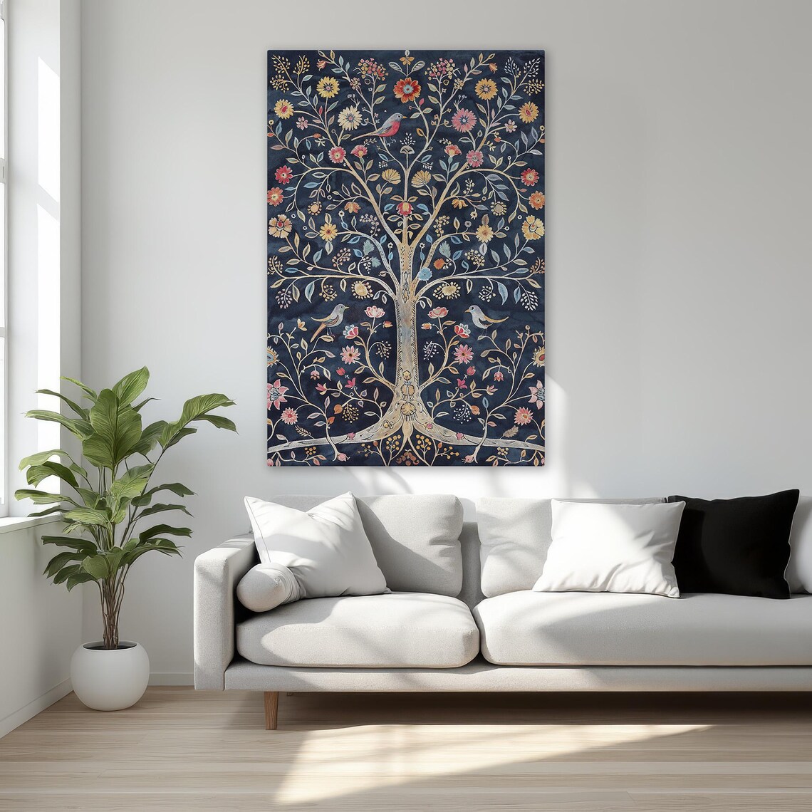 Floral Tree Of Life With Birds Botanical Navy Background Art Print