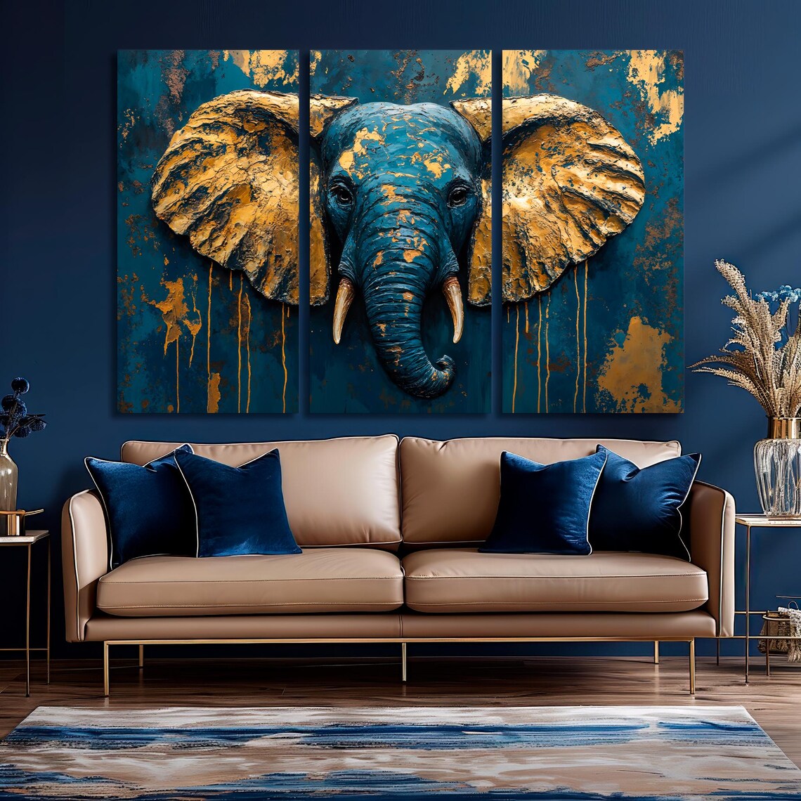 Navy Blue Elephant Head Textured Gold Leaf Ears Abstract Wildlife Portrait Poster - Image 5