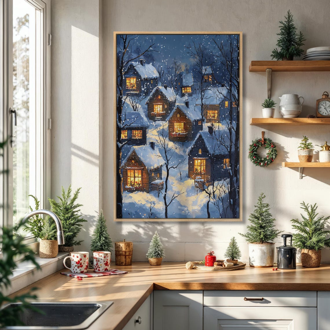 Cozy Winter Night Village With Glowing Cabins In Snow Poster