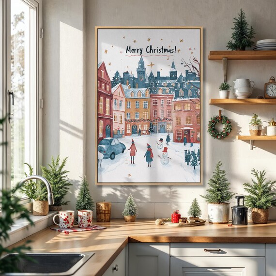 Cheerful Snowy Christmas Town Watercolor Festive Canvas Art Print