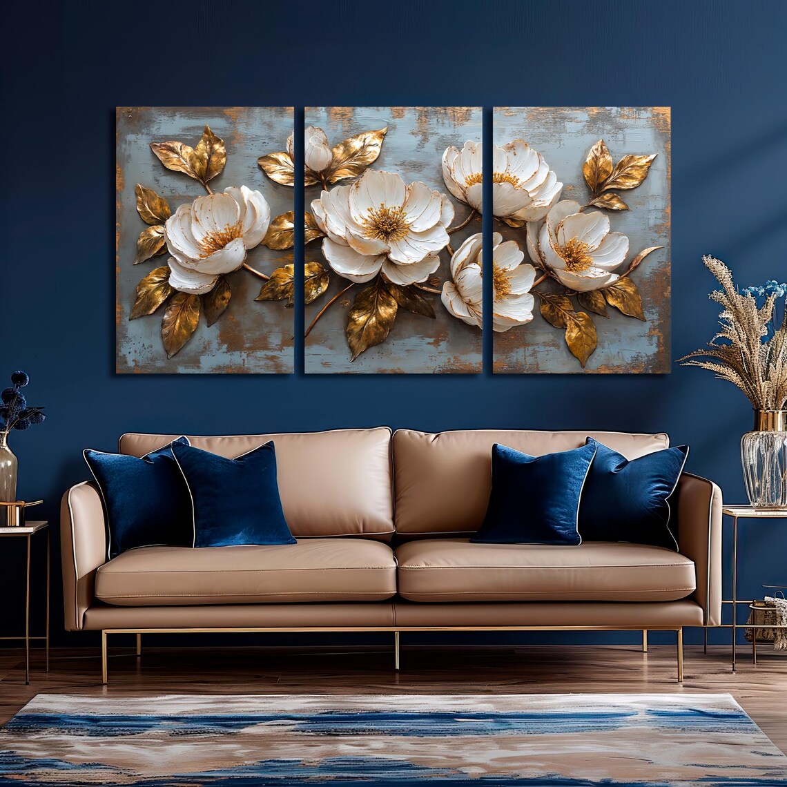 White Flowers With Gold Leaves Textured Relief Botanical Poster - Image 5