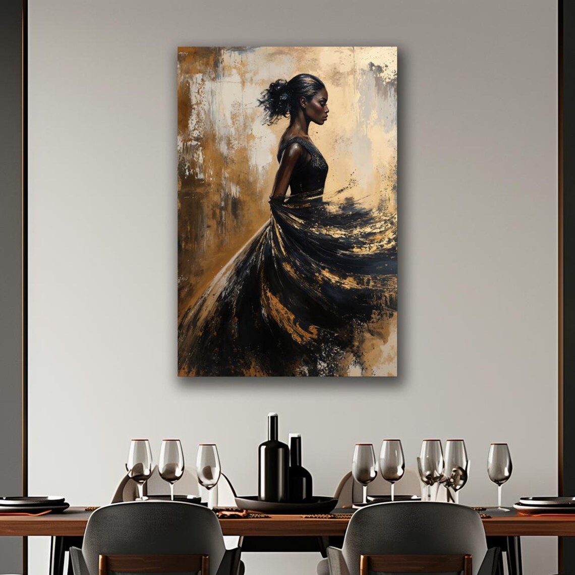 Woman In Flowing Black Gold Dress Profile Elegant Fashion Wall Art Print - Image 2