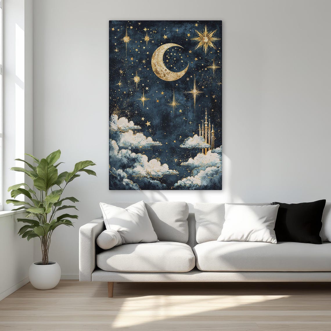 Golden Crescent Moon and Stars Over Clouds Celestial Wall Art