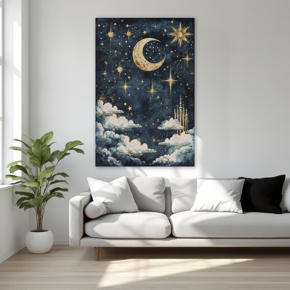 Celestial Dreams Framed Canvas Print Starry Night With Crescent Moon Wall Art Golden Stars And Clouds Decor Ready To Hang