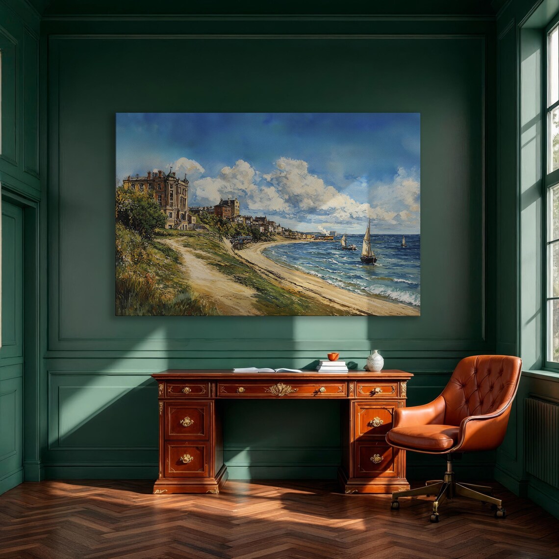 Charming Coastal Town Beach With Sailboats Blue Sea Landscape Poster