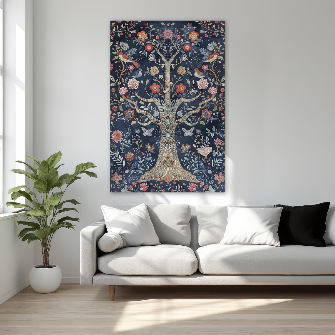 Enchanted White Tree of Life with Birds and Flowers Fantasy Poster