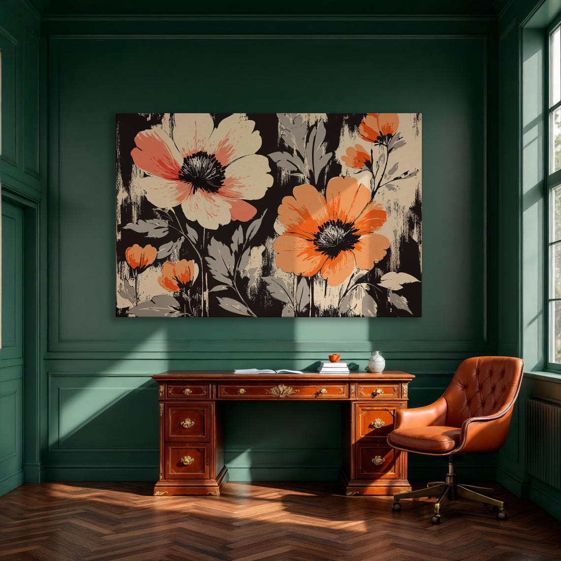 Bold Orange Poppies Blooming on Black Botanical Floral Poster