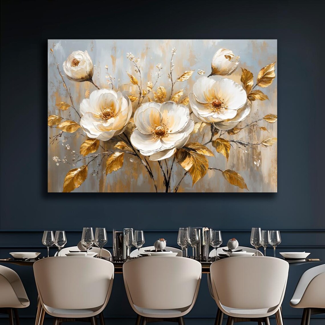 White Blooms with Golden Leaves Elegant Floral Painting Poster