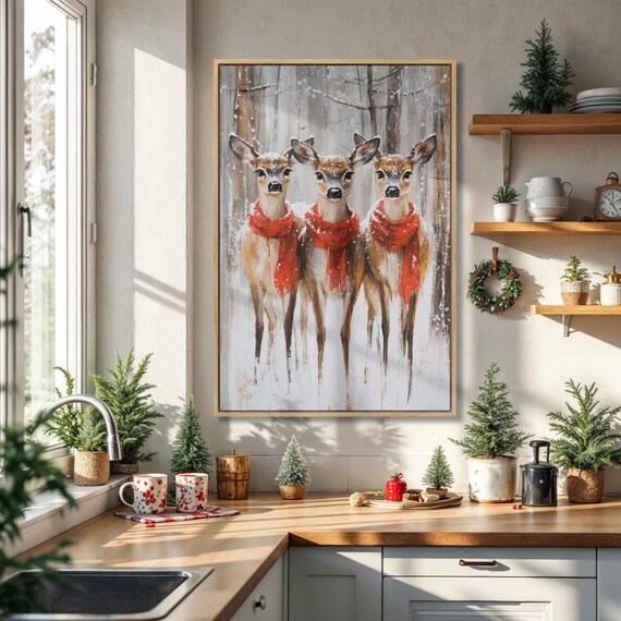 Three Reindeer With Red Scarves Snowy Winter Forest Christmas Poster