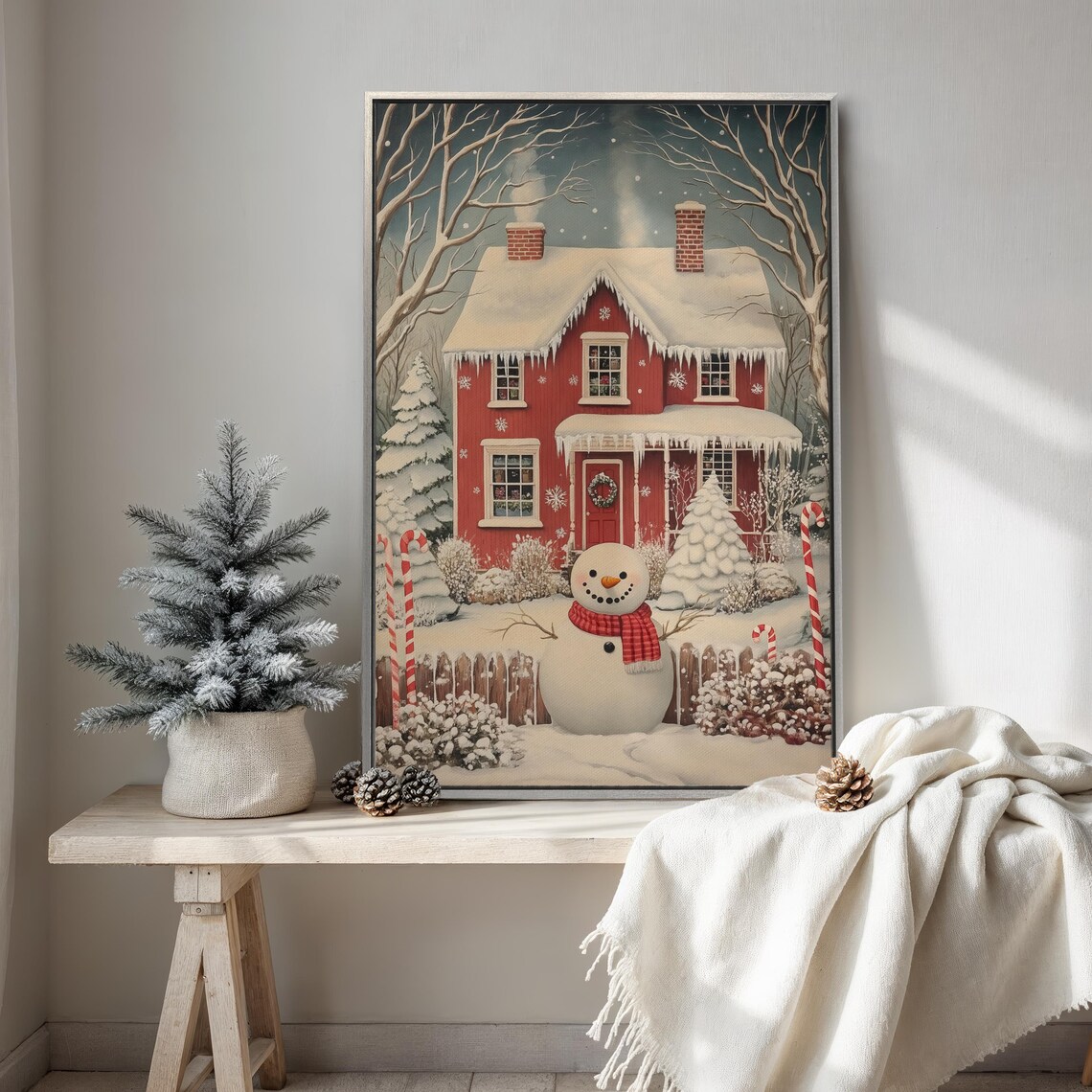 Smiling Snowman In Front Of Red Winter House Christmas Poster