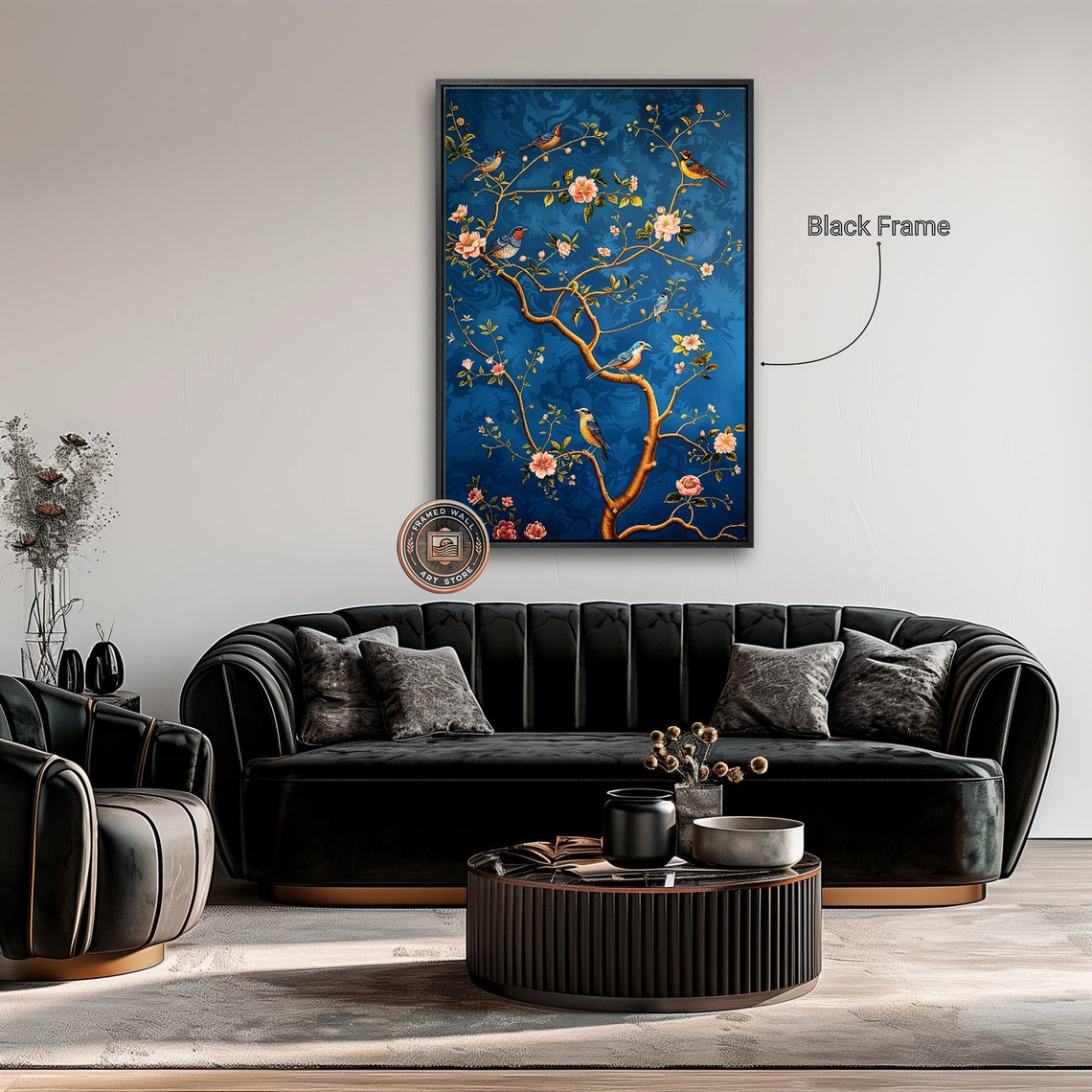 Chinoiserie Birds Blossom Tree Teal Blue Elegant Nature Art Poster - Image 2