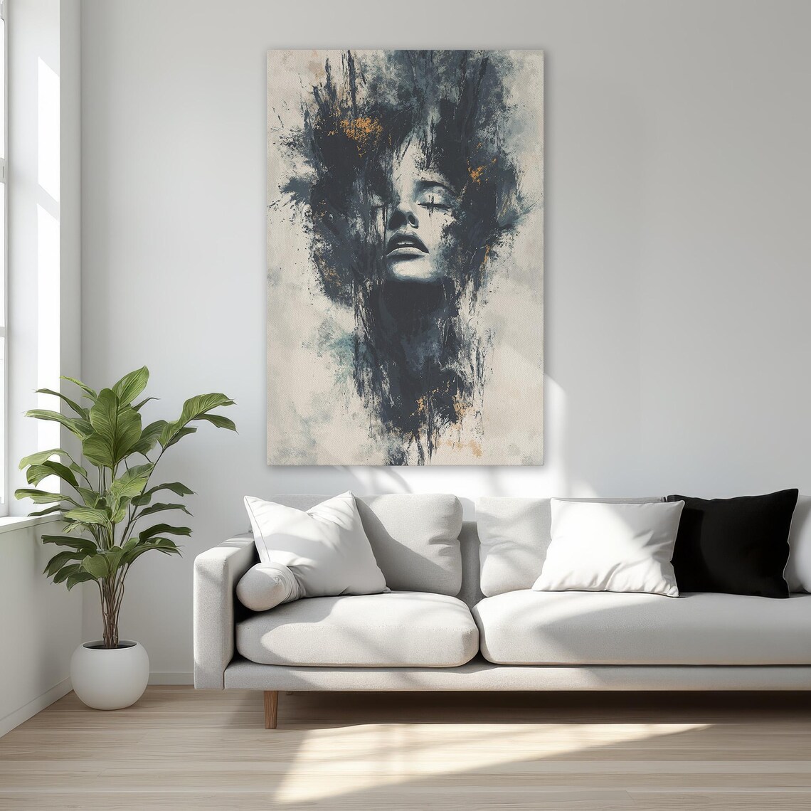 Expressive Abstract Woman Portrait Modern Framed Canvas Print Dynamic Face Wall Art Trendy Decor Gift For Her Ready To Hang